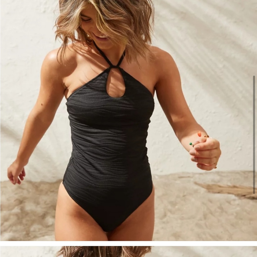 Aerie Black jacquard Halter One Piece Swimsuit
